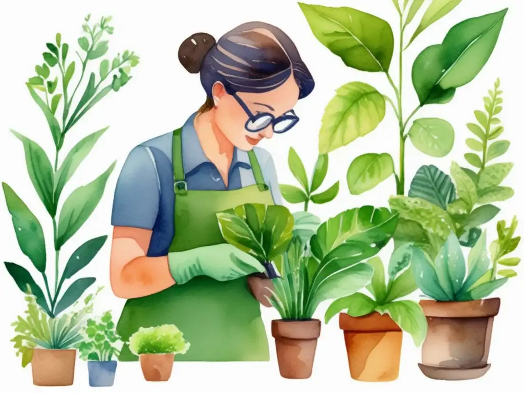 Persona examinando planta verde con detalle, rodeada de plantas y flores en jardín vivo - Plantas alimenticias seguras recolección