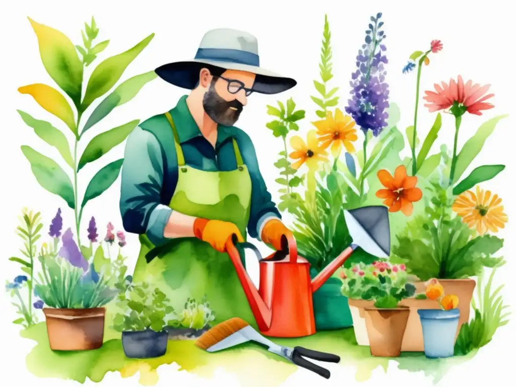 Guía de plantas medicinales con un moderno jardinero rodeado de plantas medicinales y herramientas de jardinería