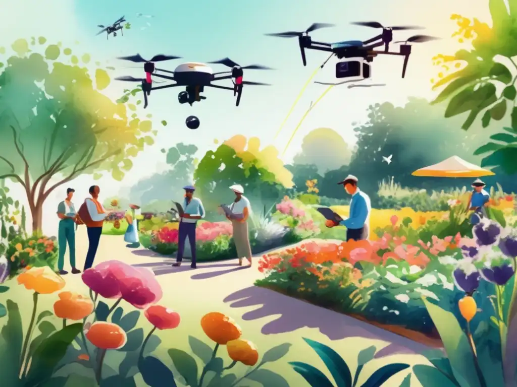 Beneficios de drones en jardinería: jardín vibrante con flores, jardineros y drones rociando agua y nutrientes con efecto etéreo