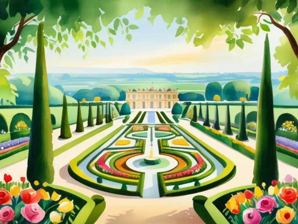 Diseño paisajístico de los jardines de Versalles: pintura acuarela que captura la belleza encantadora de los jardines del Palacio de Versalles