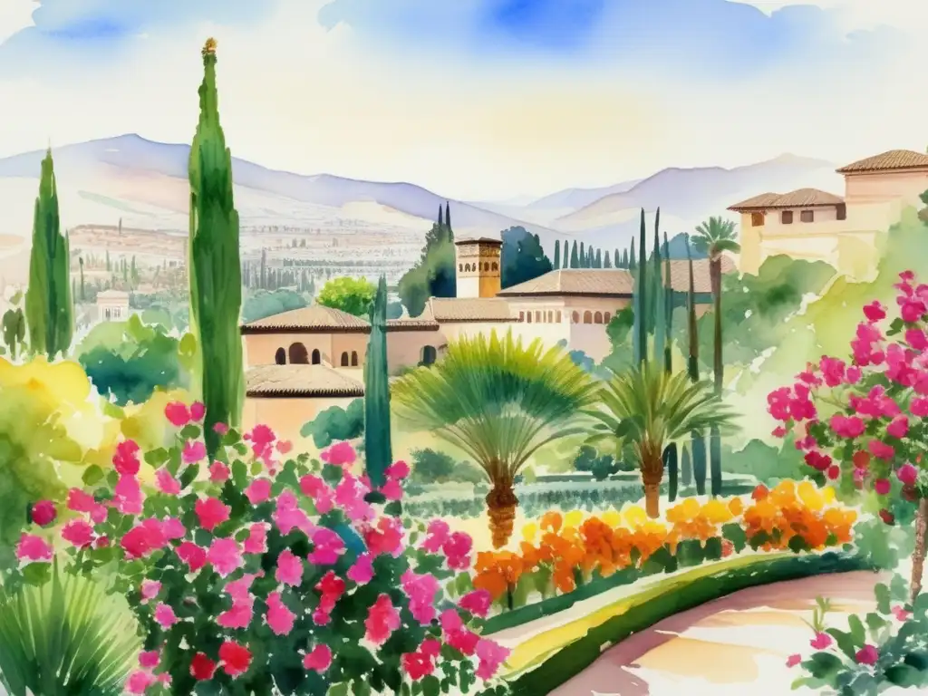 Pintura acuarela detallada de los jardines exuberantes de la Alhambra