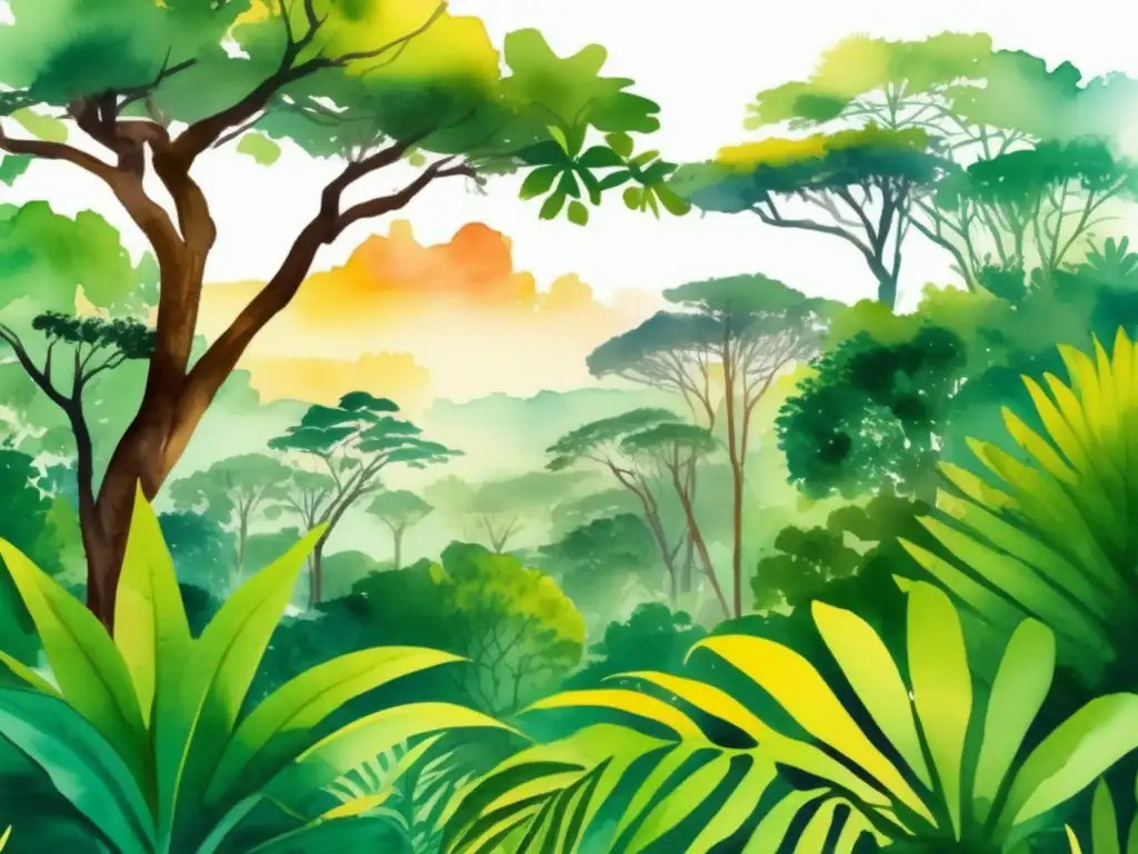 Ilustración acuarela de la exuberante selva africana donde prospera el árbol Yohimbe, con flora, fauna y colores vibrantes