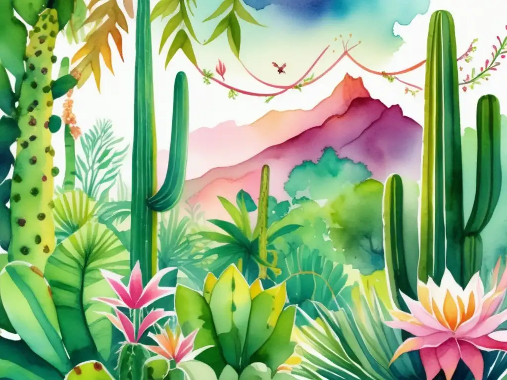 Ilustración vibrante de una jungla exuberante, con plantas sagradas y significado espiritual