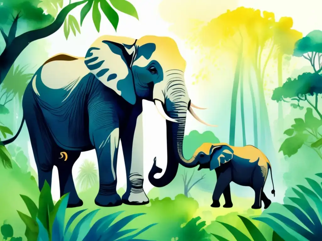 Ilustración acuarela de una exuberante selva llena de vida, con elefante y plantas medicinales (Plantas medicinales y su relación con elefantes)