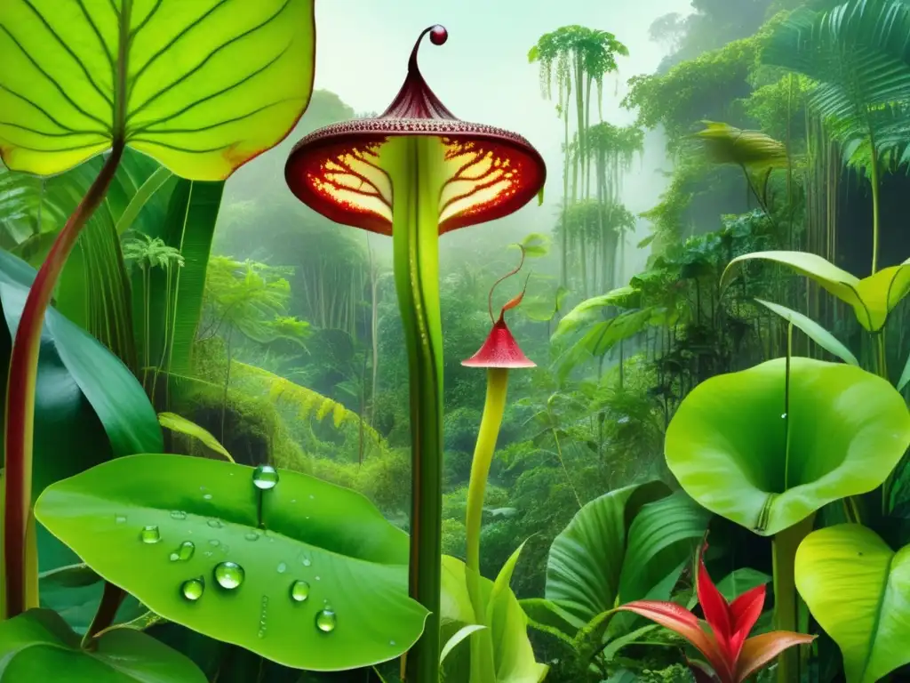 Importancia de feromonas en plantas carnívoras: exuberante escena de selva con planta carnívora, insectos y animales atraídos por feromonas