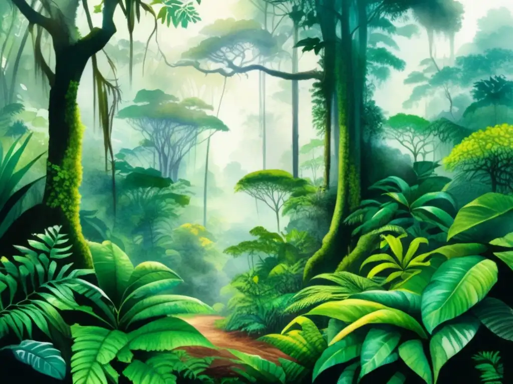 Adaptaciones de plantas en la jungla: imagen detallada de una exuberante escena jungla con árboles altos y vegetación densa