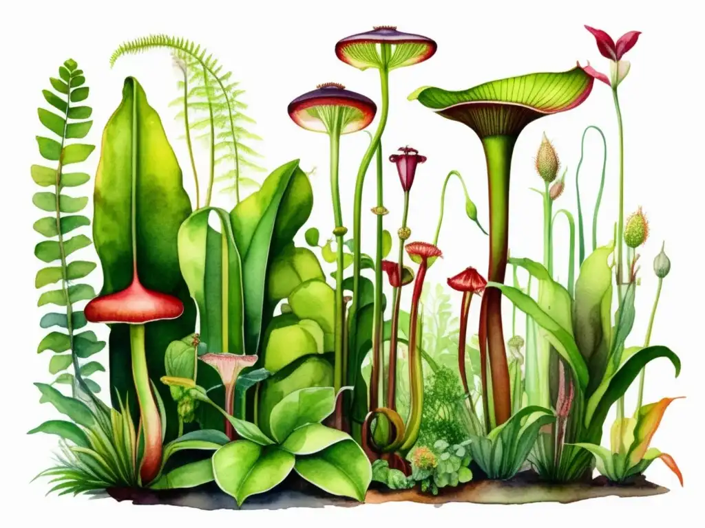 Ilustración acuarela detallada de una exuberante selva con numerosas especies de plantas, incluyendo plantas carnívoras