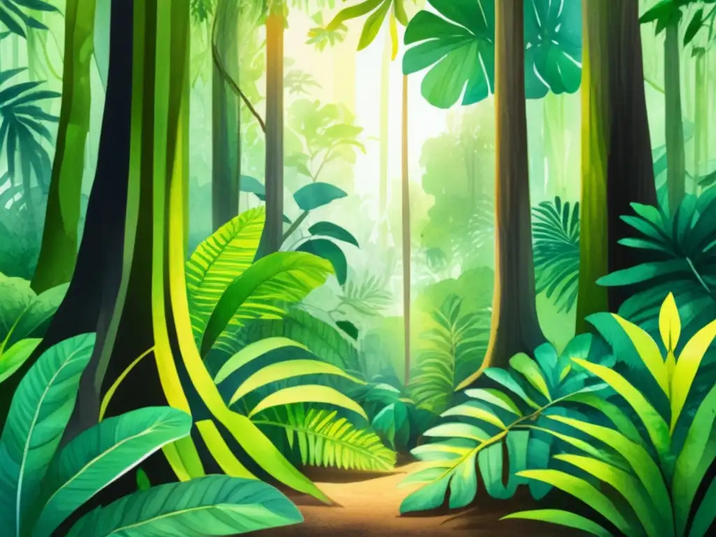 Ilustración acuarela detallada de una exuberante selva con adaptaciones de plantas para capturar la luz solar