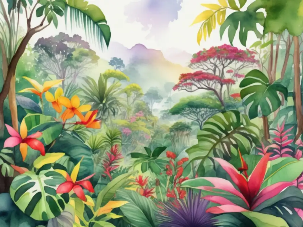 Ilustración acuarela de una selva tropical vibrante con diversidad de especies de plantas