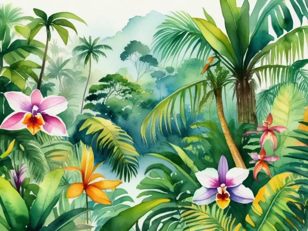 Beneficios plantas medicinales: exuberante ilustración acuarela muestra diversidad de plantas curativas en un exótico bosque tropical