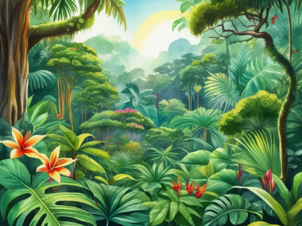 Ilustración detallada estilo acuarela de un exuberante bosque tropical, con plantas medicinales y detalles anatómicos