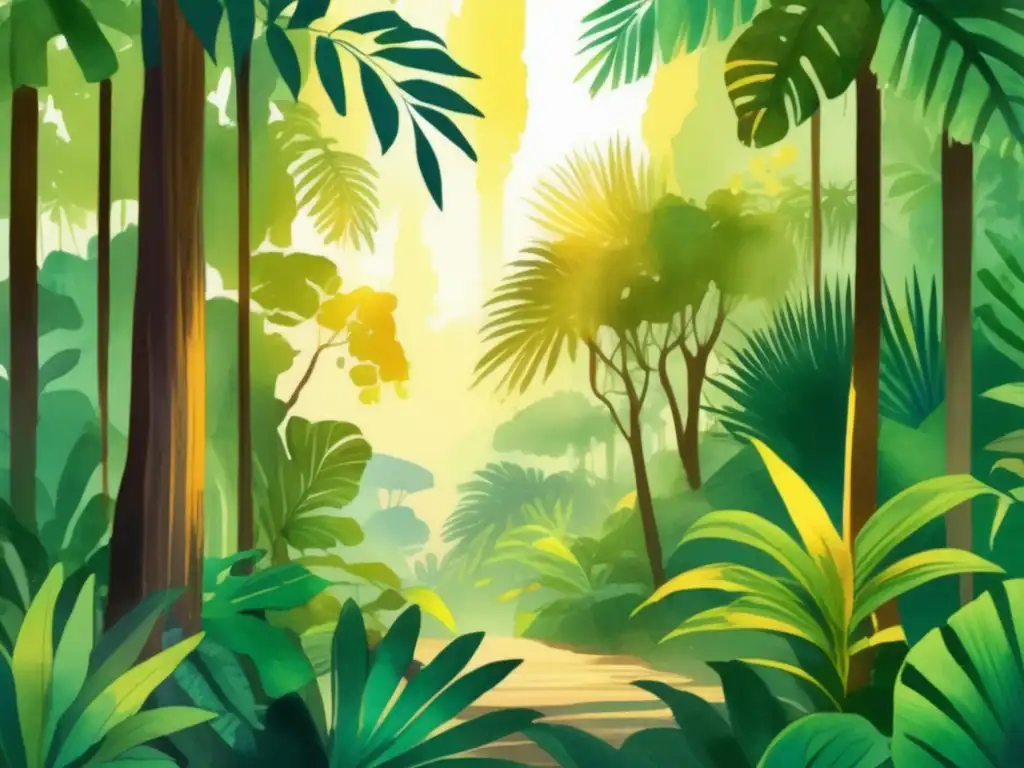 Ilustración vibrante de una selva tropical densa, bañada en luz dorada