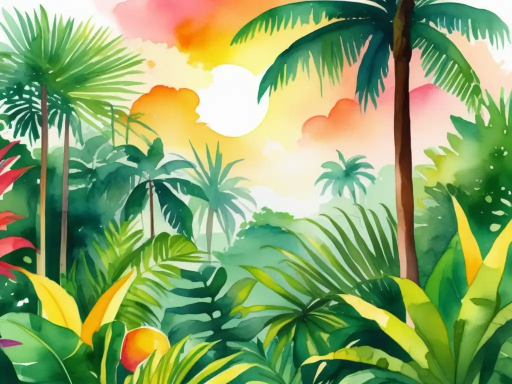 Ilustración vibrante de una exuberante selva tropical, repleta de frutas exóticas