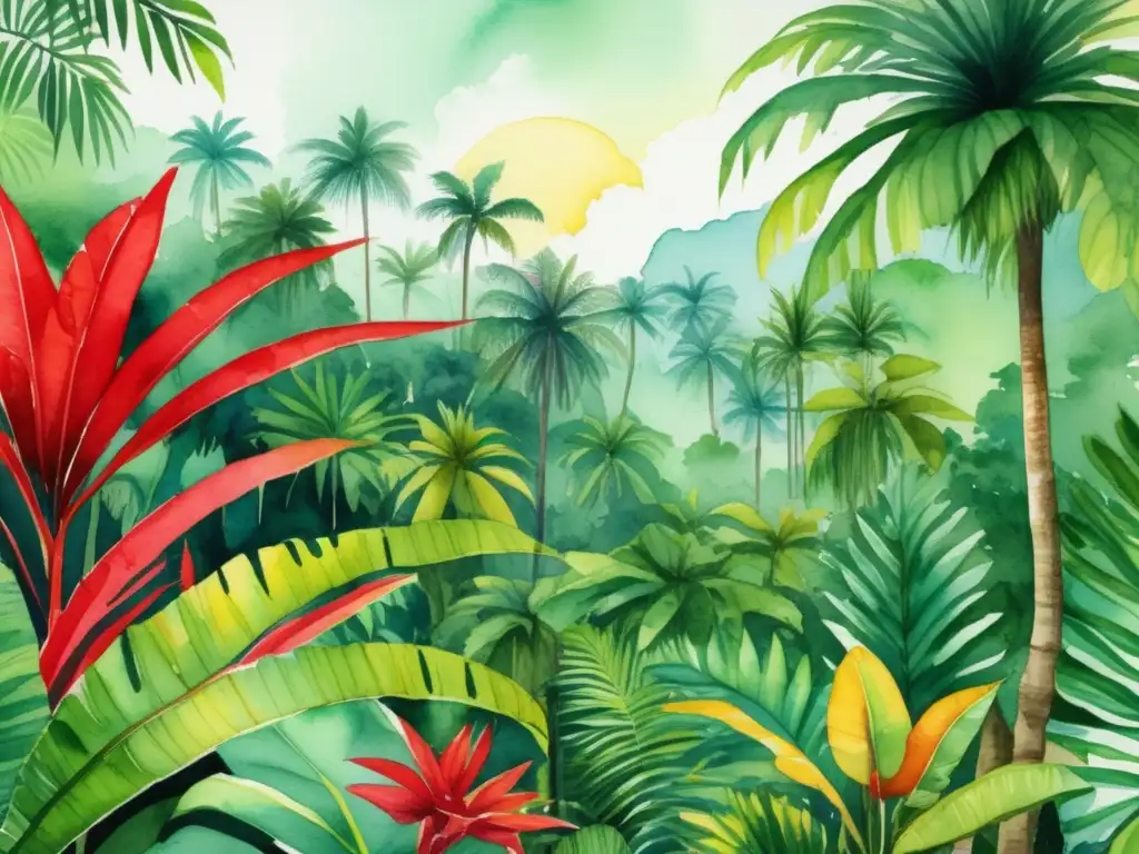 Ilustración acuarela vibrante de una exuberante selva tropical con especies de plantas exóticas