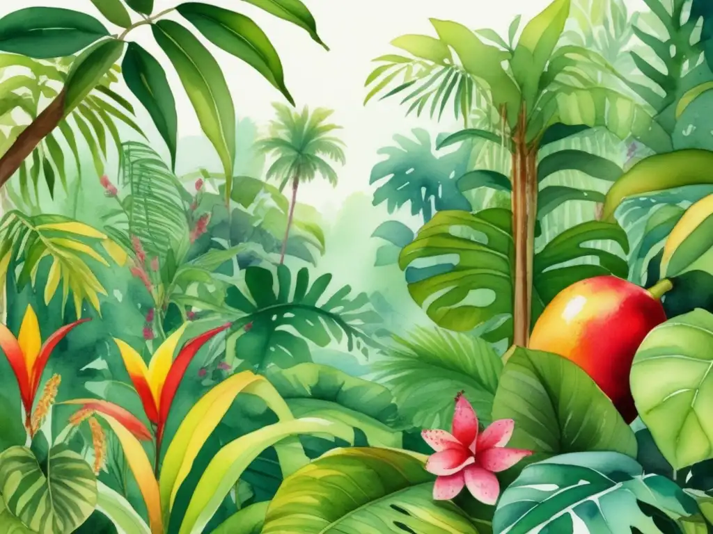 Ilustración acuarela vibrante de una exuberante escena de selva tropical, llena de una diversa variedad de plantas comestibles