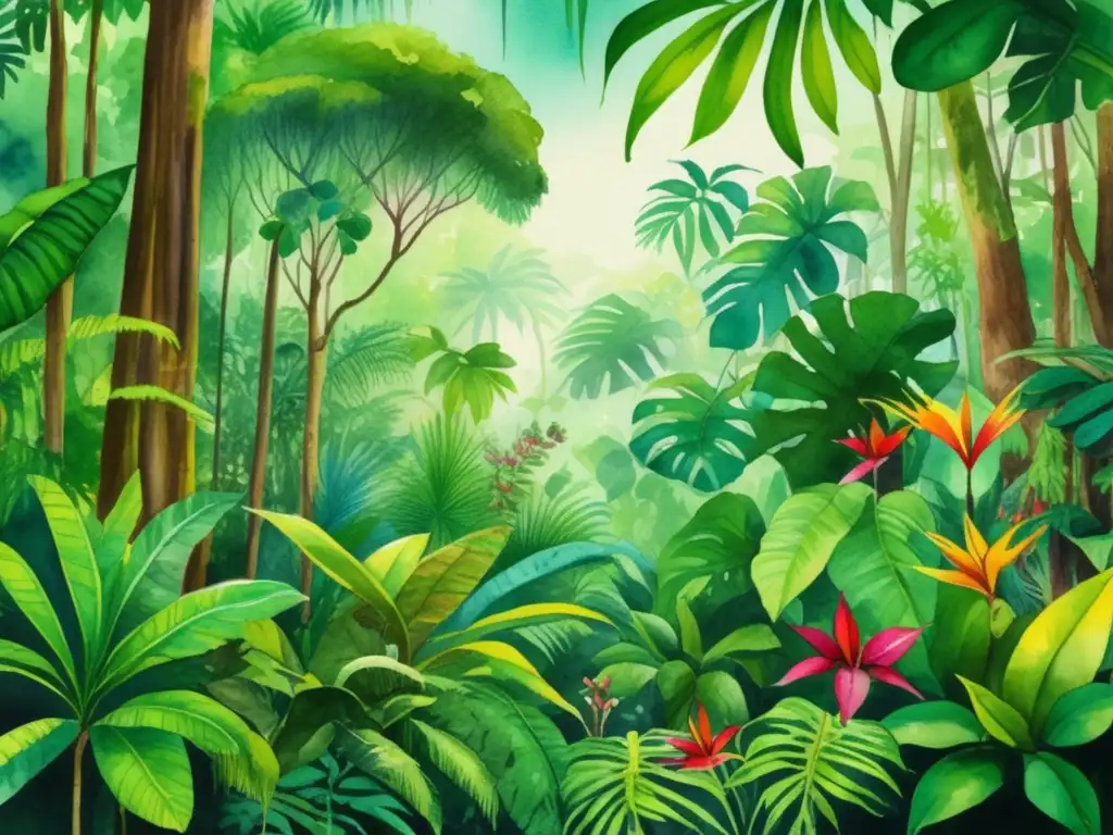 Plantas exóticas de selvas tropicales con diversidad vibrante y propiedades medicinales, gastronomía y belleza artística