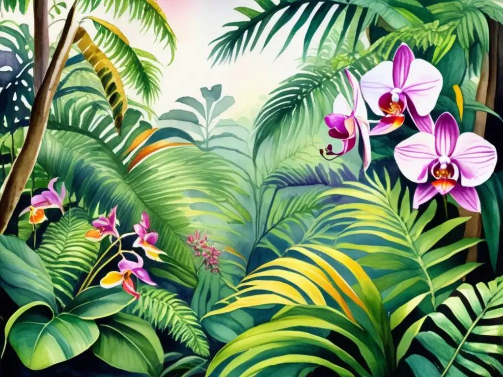 Pintura acuarela: jungla tropical exuberante con plantas exóticas - Mercados emergentes plantas exóticas