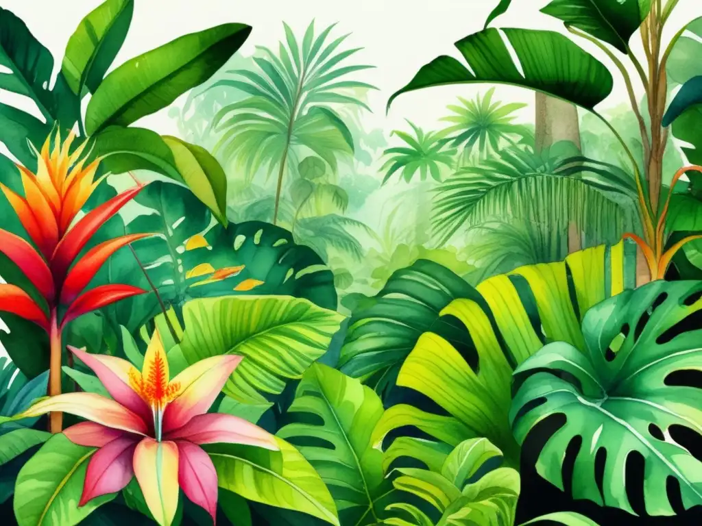 Ilustración acuarela de jungla tropical con plantas venenosas letales