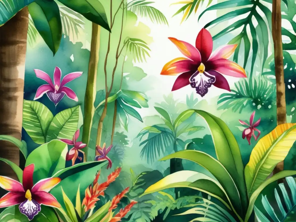 Ilustración acuarela de una exuberante selva tropical con colores vibrantes y detalles intrincados