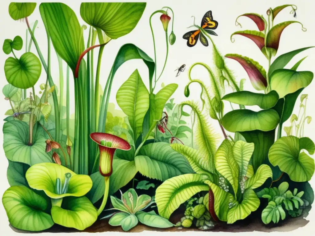 Ilustración acuarela: selva densa con plantas carnívoras - Importancia feromonas en plantas carnívoras