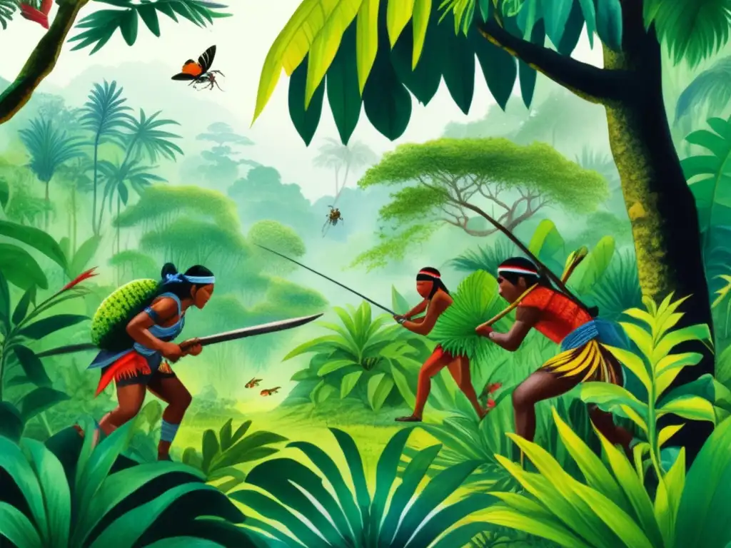 Usos estratégicos plantas guerra indígenas: Lush jungle scene with indigenous warriors utilizing plants for warfare