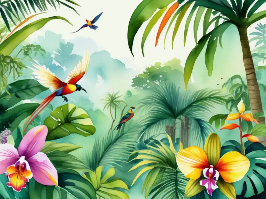 Ilustración vibrante de jungla tropical con plantas exóticas