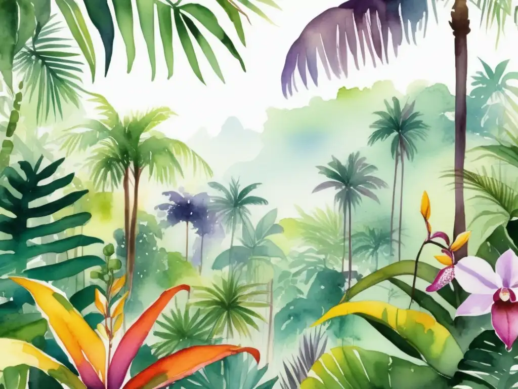 Ilustración acuarela tropical: Plantas tropicales características y usos