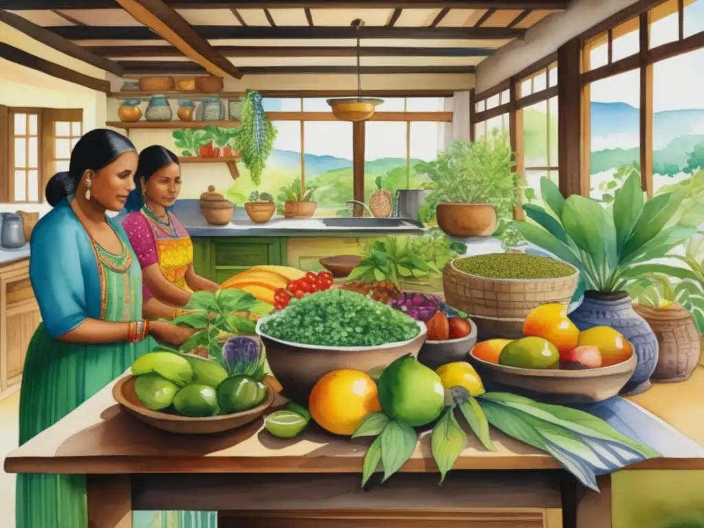 Cocina tradicional llena de plantas indígenas Cocina tradicional vibrante y cultural, plantas, leyendas y mitos