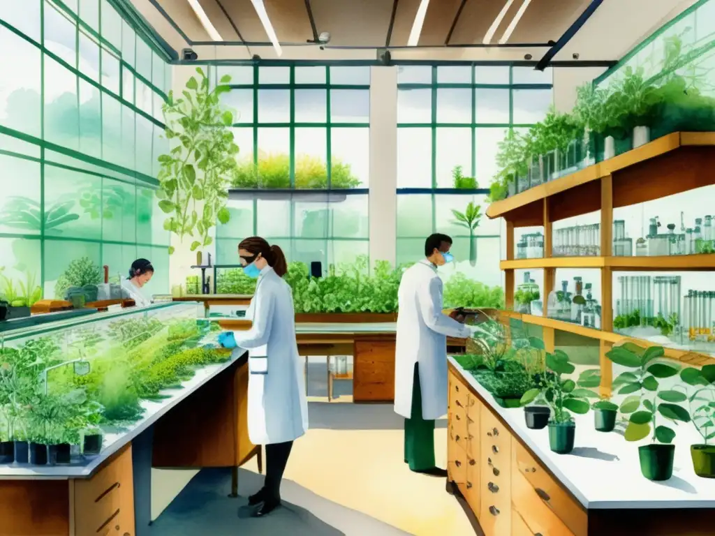 Biotecnología vegetal: Laboratorio con plantas medicinales, investigadores trabajando en extracción y desarrollo de vacunas