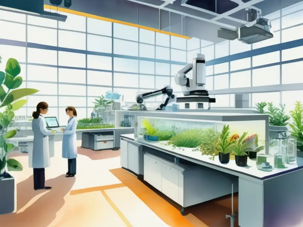 Tecnología para identificar plantas automáticamente en un laboratorio futurista con ilustraciones botánicas y científicos observando