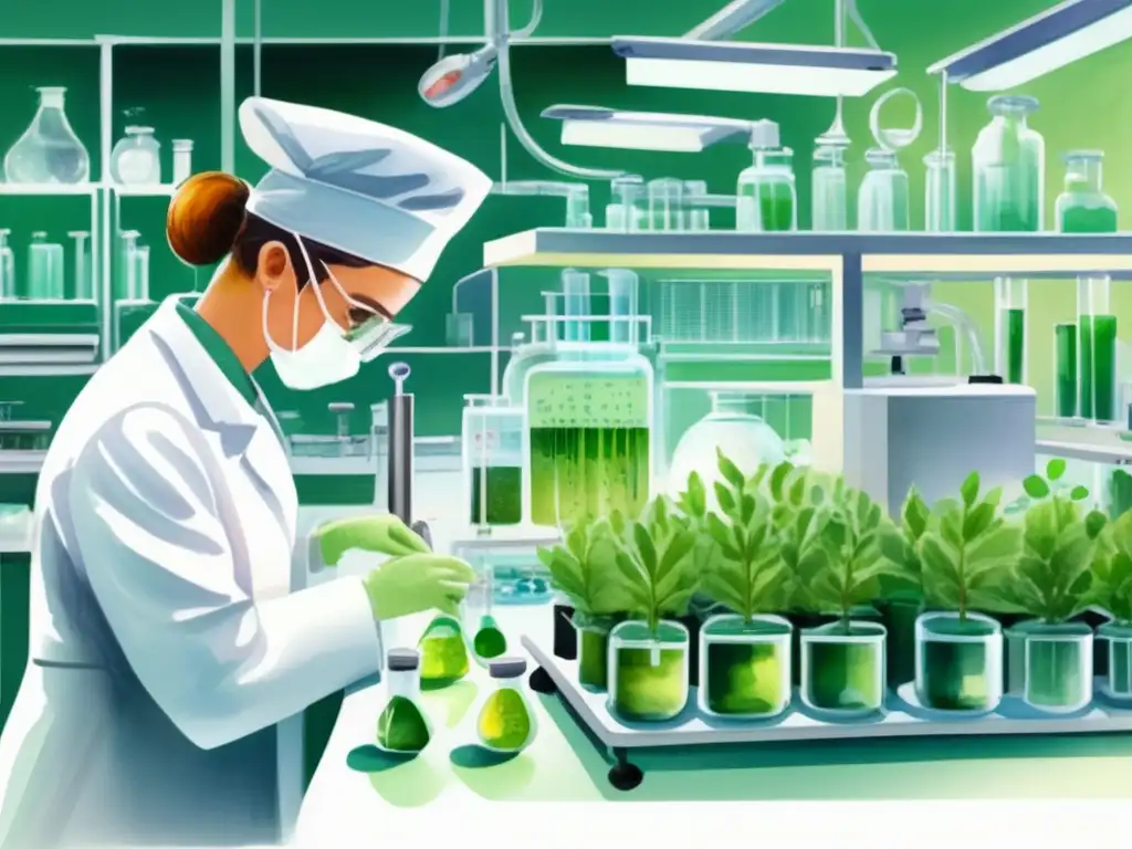 Beneficios biotecnología en cosméticos naturales: laboratorio moderno, equipo avanzado, científico cuidando células vegetales en crecimiento