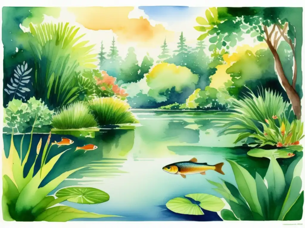 Peces herbívoros y beneficios de las plantas acuáticas en escena de lago