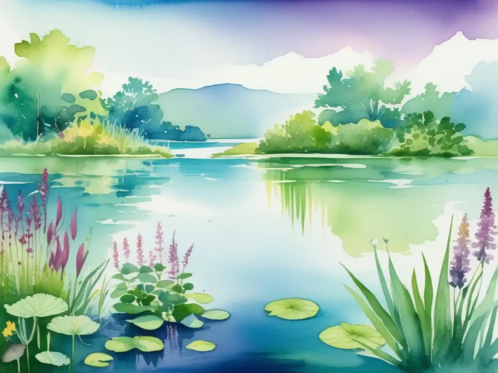 Paisaje acuático: belleza y peligro Ilustración detallada de un lago sereno rodeado de exuberante vegetación y plantas acuáticas vibrantes