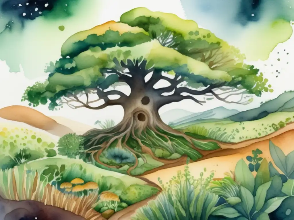 Ilustración 8k acuarela: paisaje exuberante con árbol sano y simbiosis plantabacteria