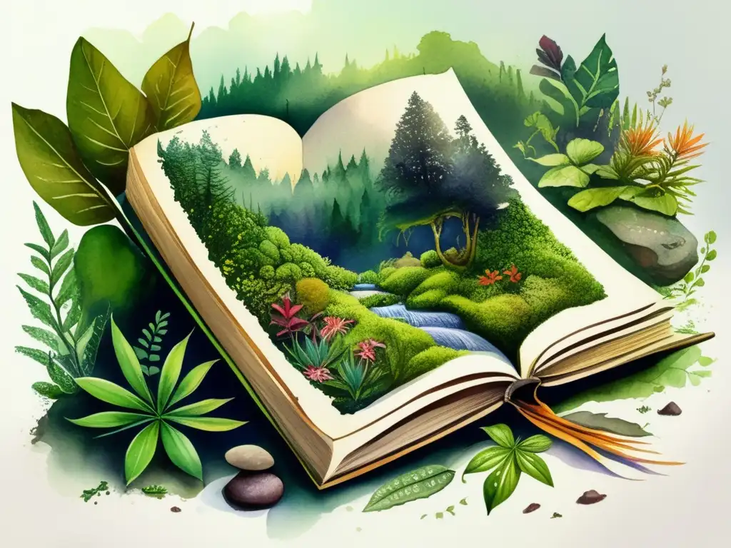 Plantas tóxicas en literatura misteriosa: bosque vibrante con libro antiguo y plantas exóticas