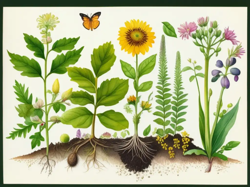 Diferencias entre plantas perennes y anuales: ciclo vital contrastante en ilustración acuarela