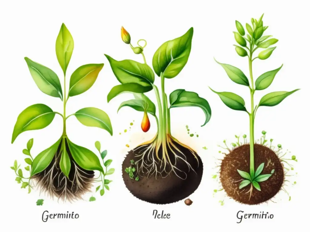 Etapas ciclo vida planta: Germinación, Crecimiento, Floración, Fructificación, Madurez