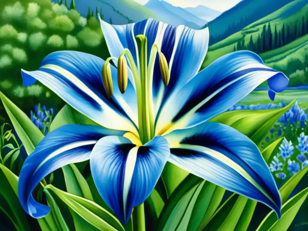 Pintura detallada del Lirio Azul del Himalaya, rodeado de montañas y follaje verde