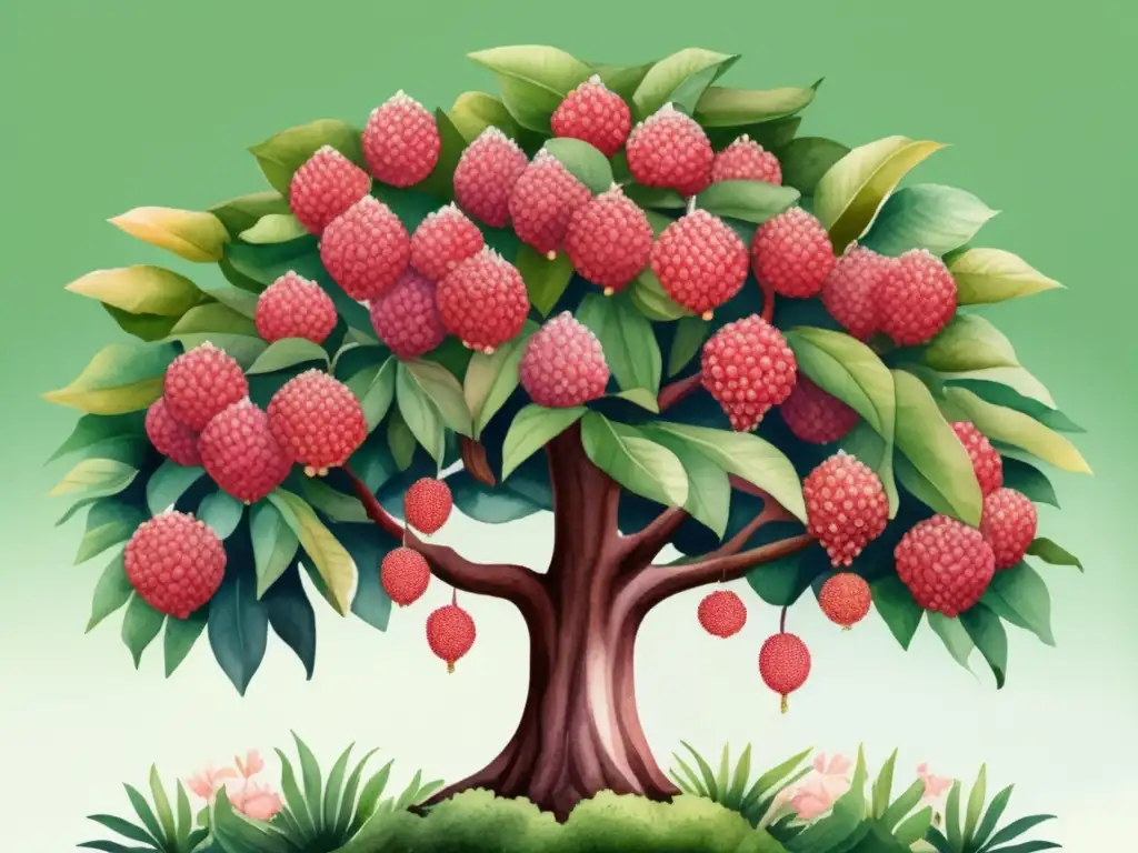 Beneficios y propiedades del lichi: árbol majestuoso en floración con frutos rojos y rosados