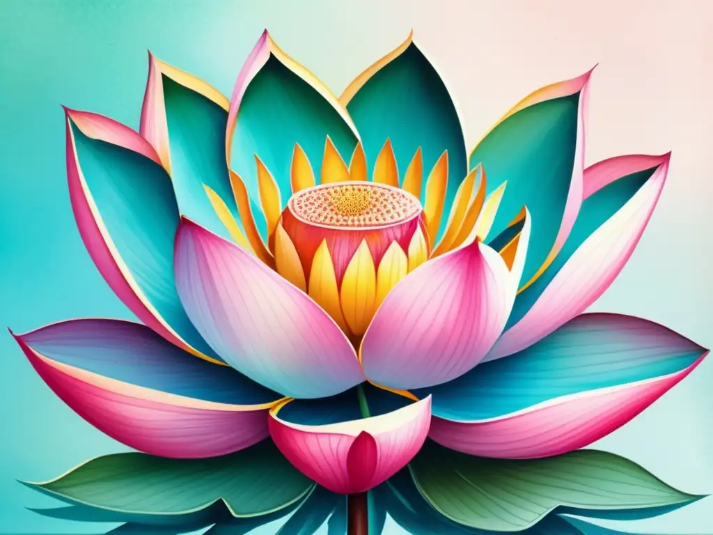 Ilustración acuarela de una hermosa flor de loto rosa sobre agua azul, capturando su belleza y significado en el arte oriental