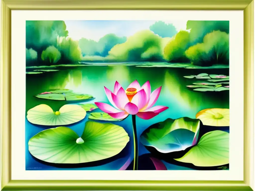 Loto sagrado en mitología egipcia, pintura acuarela con paisaje verde y flor rosa en estanque sereno