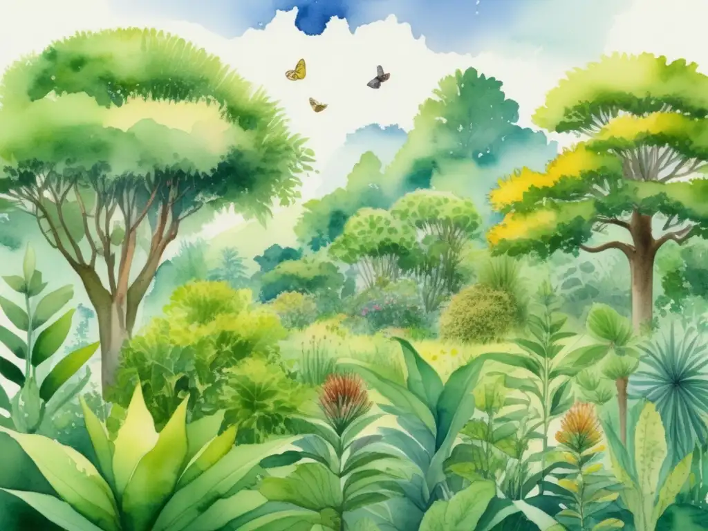 Influencia de morfología en reproducción vegetal: Ilustración acuarela detallada de paisaje exuberante con diversidad de especies vegetales