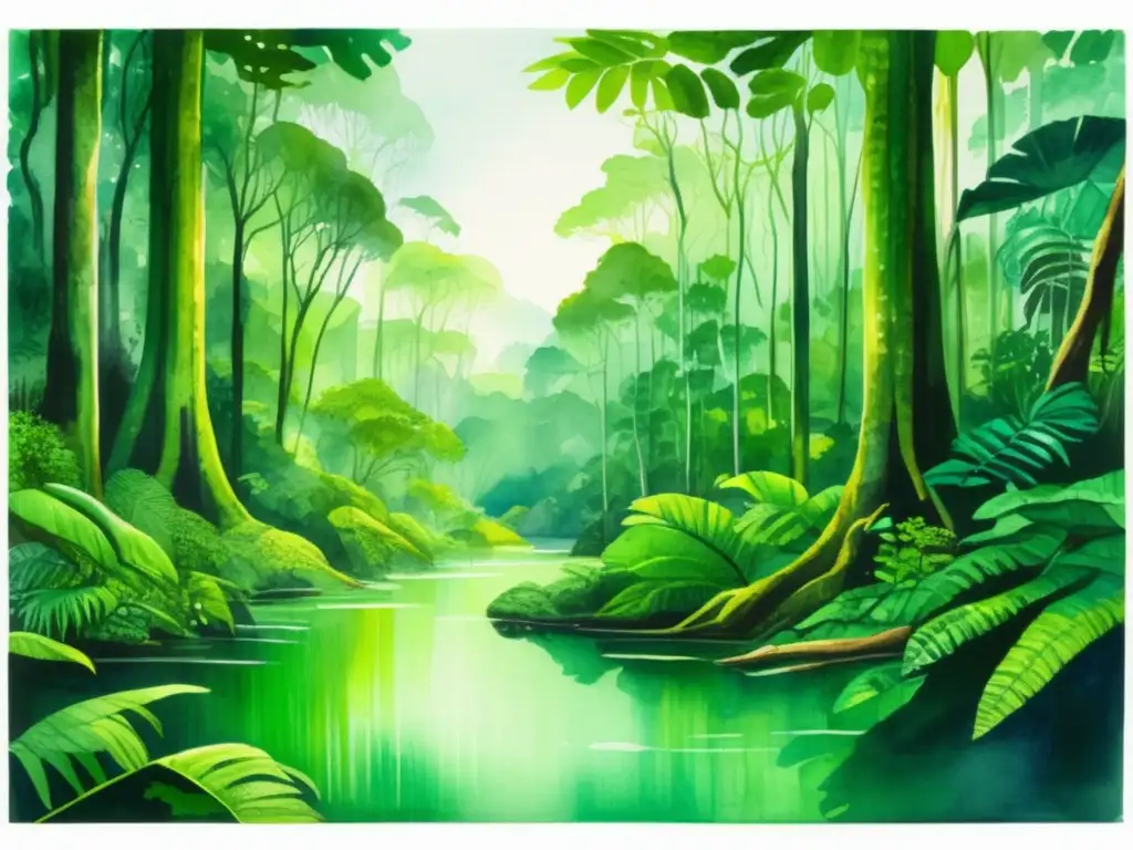 Pintura detallada de la exuberante selva amazónica con plantas sagradas y rituales espirituales