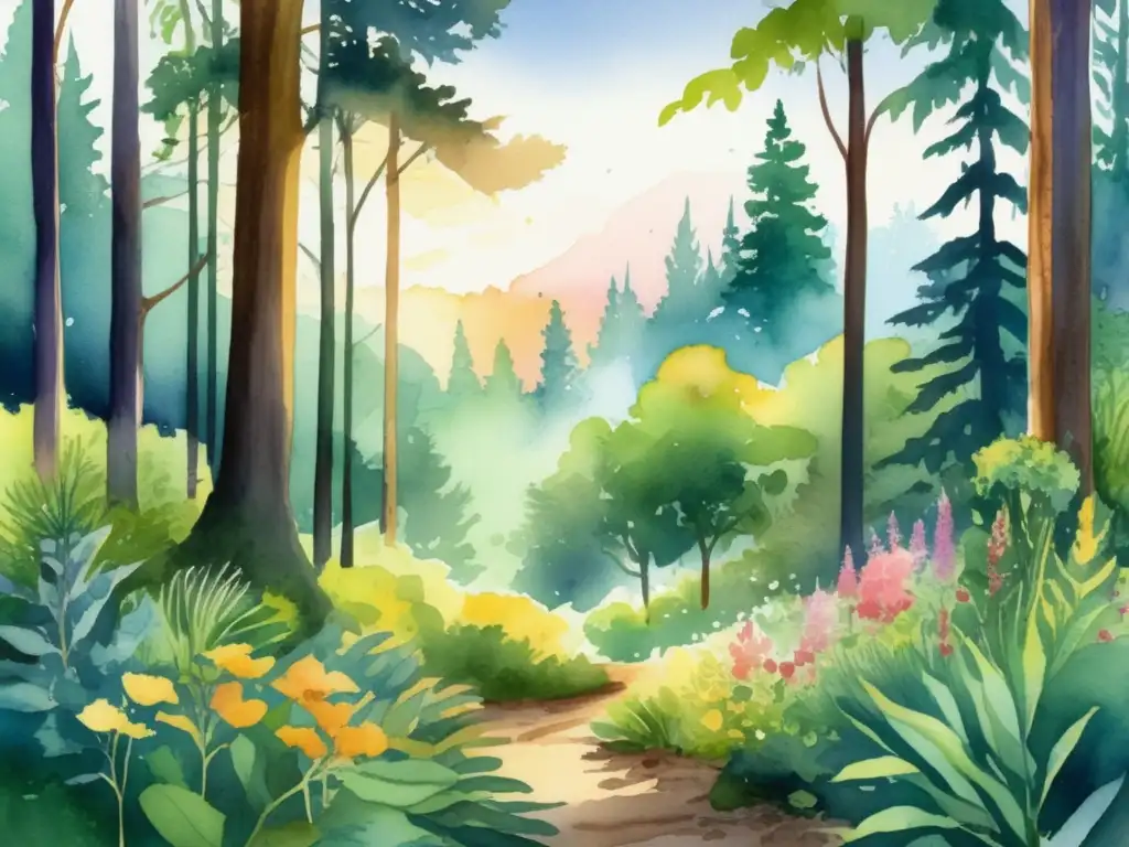 Ilustración acuarela de un bosque exuberante al amanecer, con diversidad de especies y adaptaciones al cambio climático