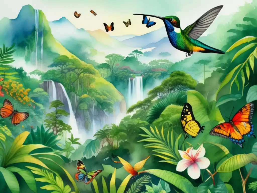 Ilustración detallada de una selva tropical con plantas amenazadas en la Lista Roja