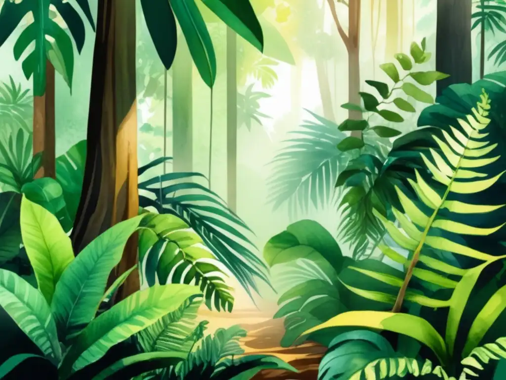 Ilustración acuarela: selva tropical exuberante con plantas vibrantes, árboles altos, luz filtrada y fotosíntesis