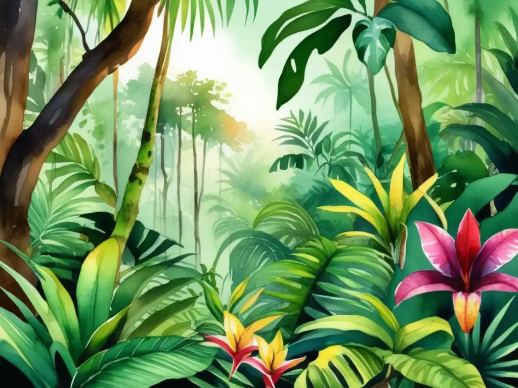 Ilustración vibrante de selva tropical con variedad de especies vegetales