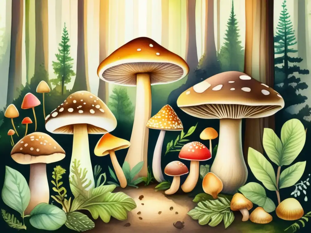 Ilustración acuarela detallada de setas comestibles en escena mágica de bosque - Identificación y preparación de setas comestibles