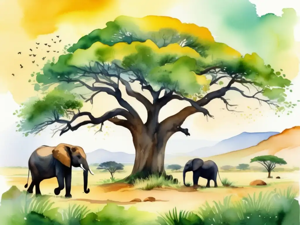 Marula: árbol africano de fertilidad y longevidad, ilustración acuarela vibrante de paisaje africano