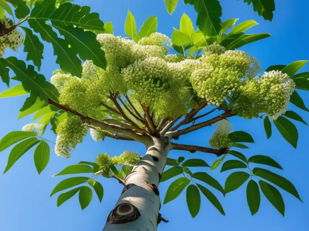 Beneficios medicinales del árbol de neem: árbol maduro con hojas verdes, flores blancas y textura de corteza gris